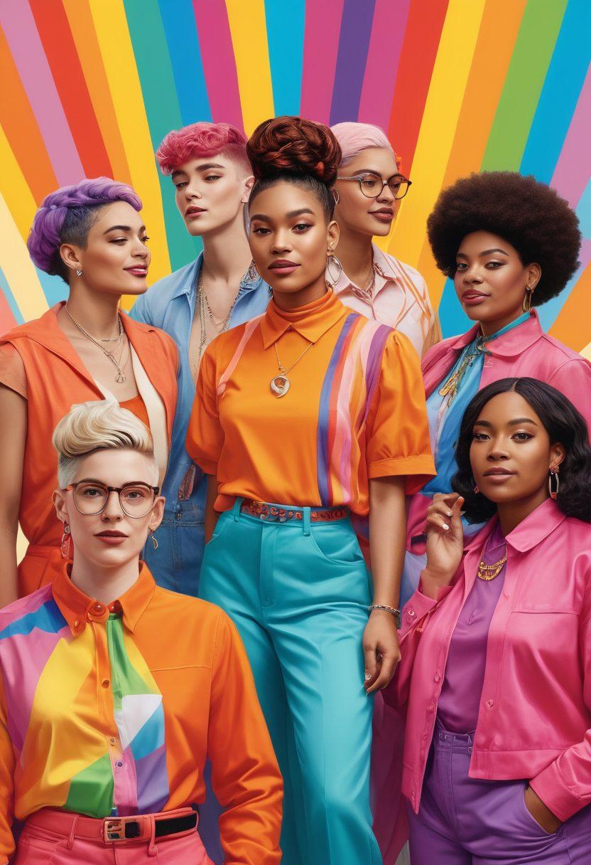 A vibrant illustration of diverse individuals expressing gender fluidity through colorful clothing and accessories, surrounded by symbols of queer culture like pride flags and community spaces. The background features abstract shapes representing unity and acceptance, creating a warm, inclusive atmosphere. The scene captures joyful interactions among the people, showcasing connection and support. bright colors. modern art. dynamic composition.