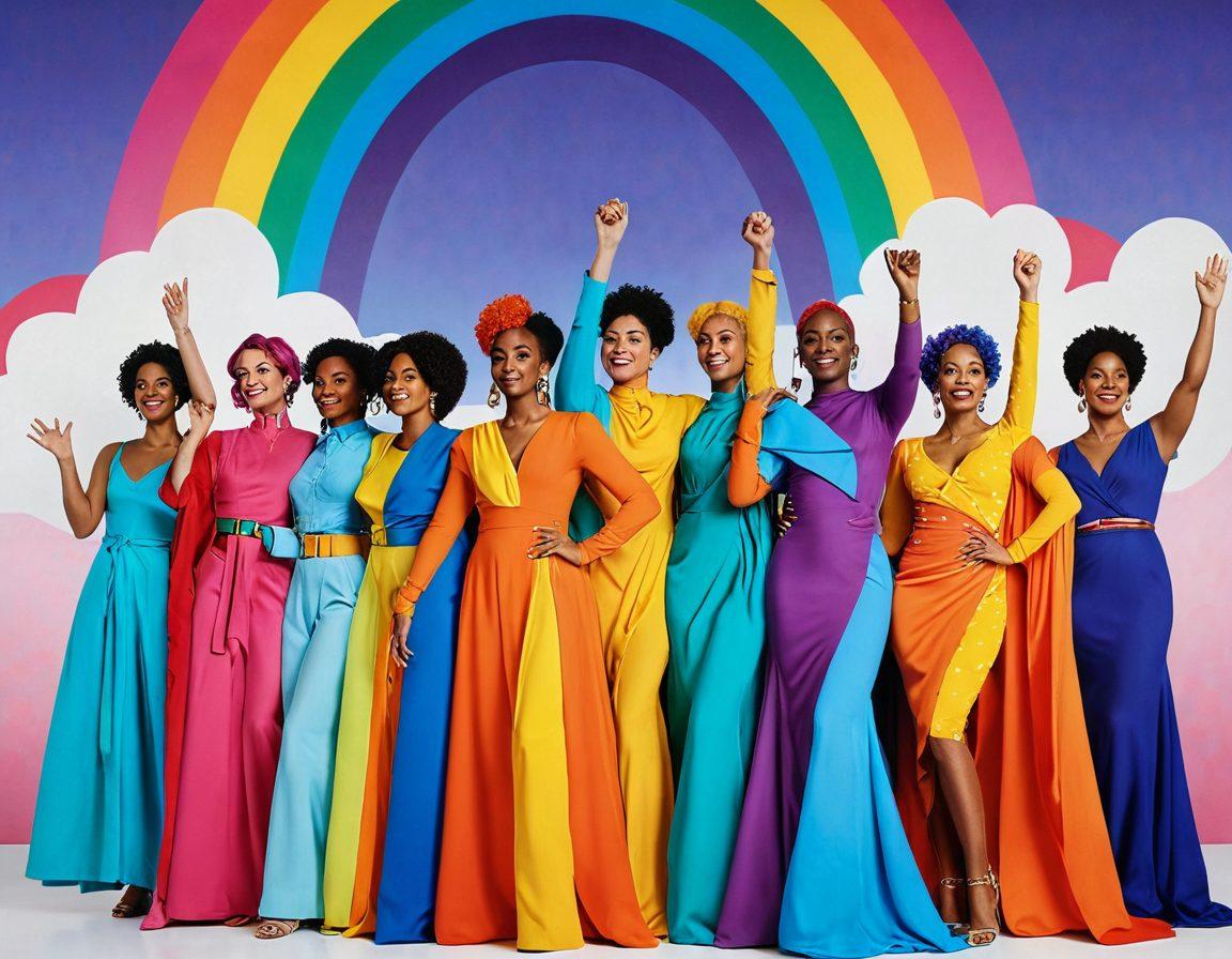 A colorful representation of gender fluidity, featuring a diverse group of individuals celebrating together, dressed in vibrant costumes that blend various symbols of gender identities. The background showcases a dynamic rainbow skyline with fluid shapes and patterns, symbolizing freedom and acceptance. Ethereal lighting enhances the joyful mood, inviting viewers to embrace diversity. pop art style. vibrant colors. white background.