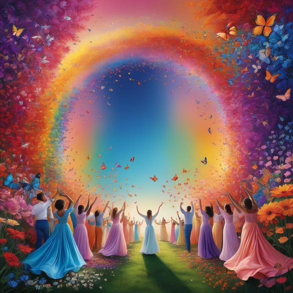 A vibrant tapestry showcasing a diverse group of individuals representing the spectrum of trans experiences, each adorned in colorful attire that symbolizes pride and identity. In the background, a rainbow gradient merges with soft pastel hues, creating an uplifting atmosphere. Incorporate elements of nature, like blooming flowers and butterflies, to symbolize growth and transformation. The scene should evoke a sense of community, support, and celebration. super-realistic. vibrant colors. 3D.